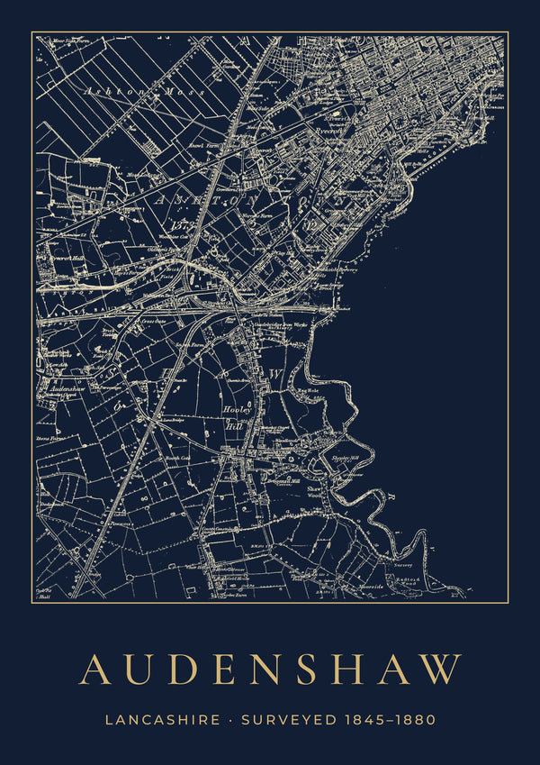 Audenshaw in 1880 Old Map Print — Night Ink