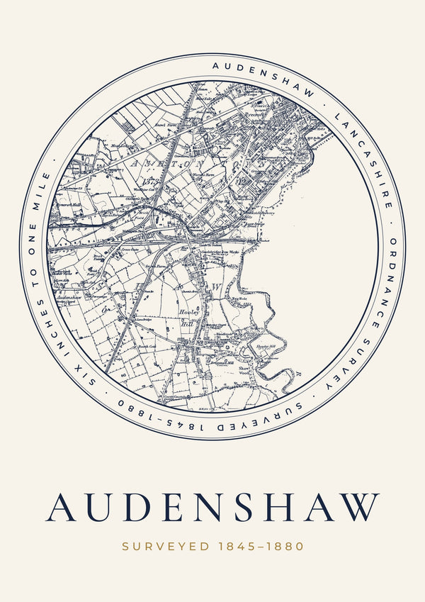 Audenshaw in 1880 Old Map Print — Roundel