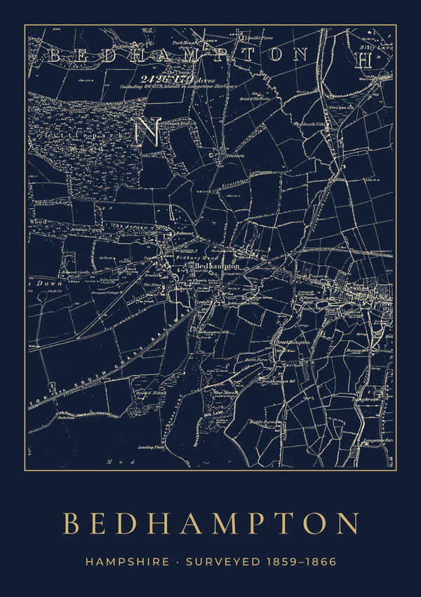 Bedhampton in 1866 Old Map Print — Night Ink