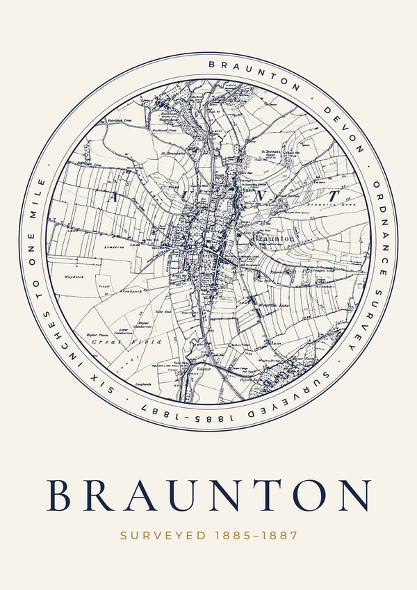 Braunton in 1887 Old Map Print — Roundel