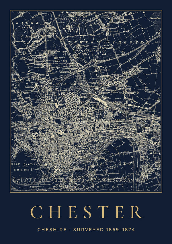 Chester in 1874 Old Map Print — Night Ink