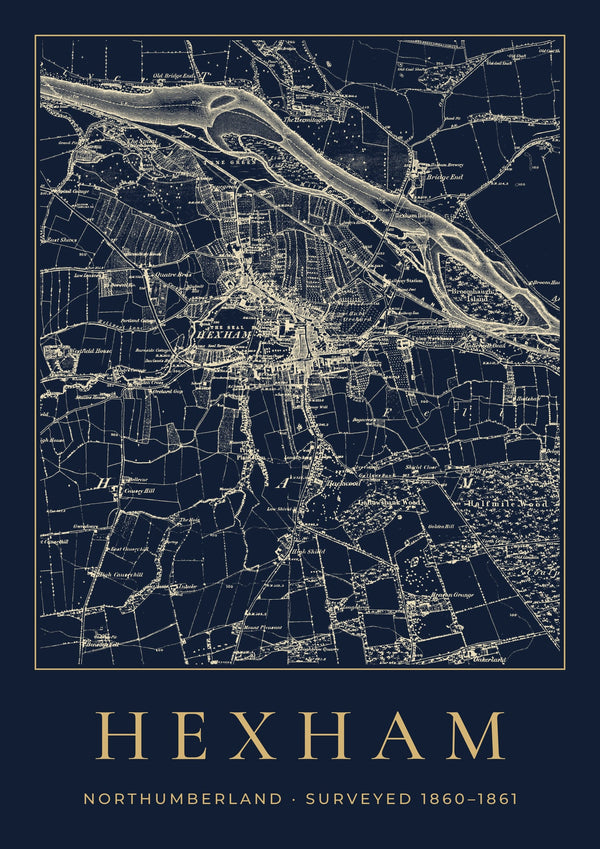 Hexham in 1861 Old Map Print — Night Ink