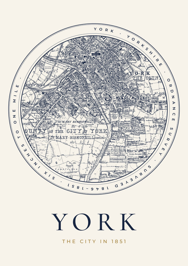 York in 1851 Old Map Print — Roundel