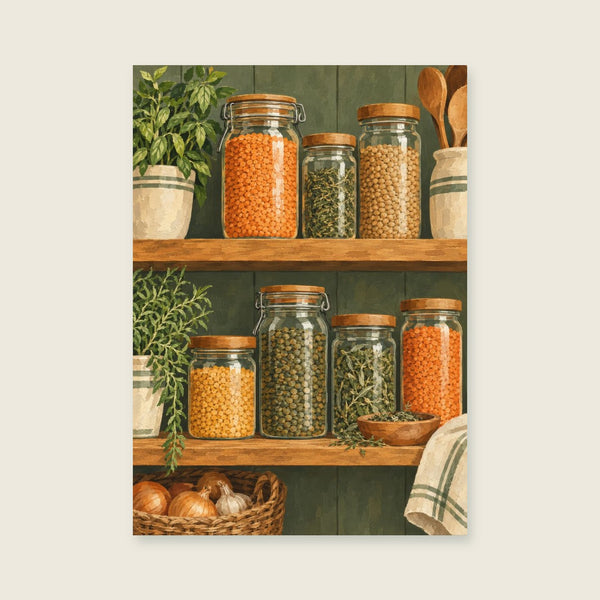 Glazen potten met linzen en kruiden op houten planken Art Print