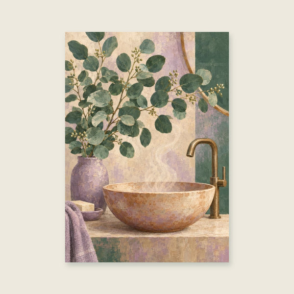 Eucalyptus above a warm ceramic basin Art Print