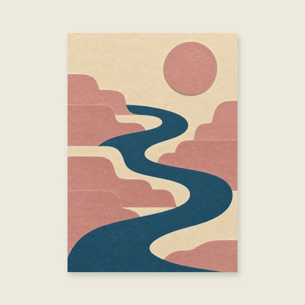 flowing blue ribbon through stepped coral forms Art Print