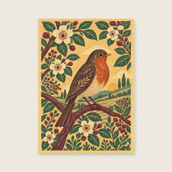 robin on a richly patterned flowering branch Art Print