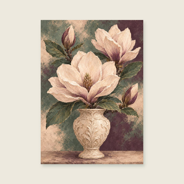 Open magnolia petals above a carved cream vase Art Print