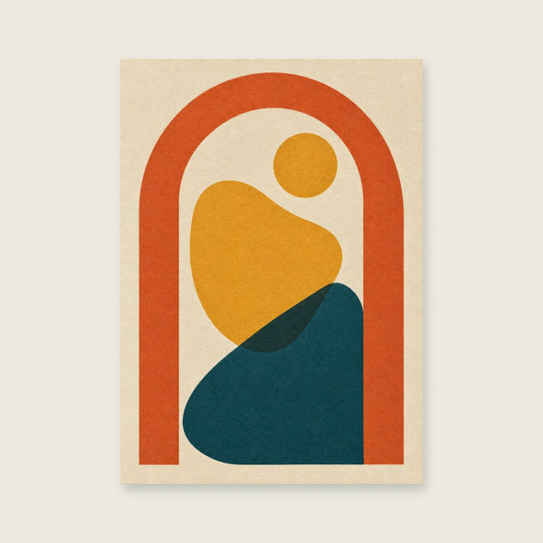 Curved orange arch surrounding irregular gold shapes Art Print
