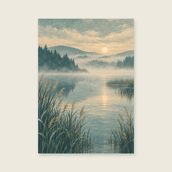 Mist above a fictional lake and reed beds Art Print