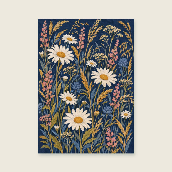 Meadow daisies and grasses on a deep navy field Art Print
