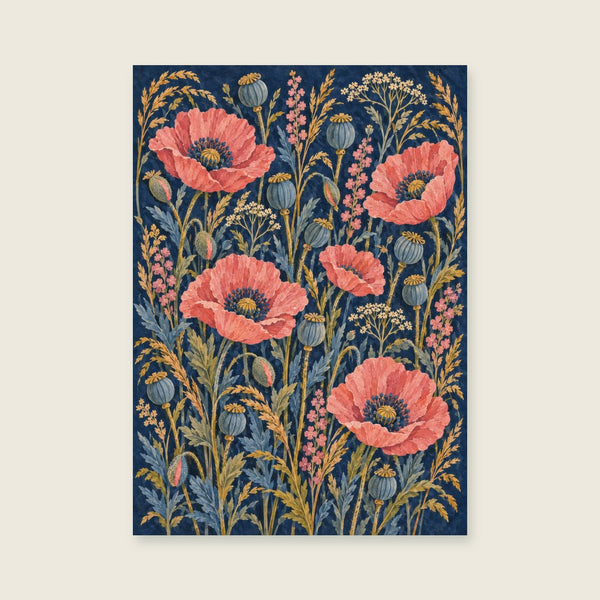Poppies and seed heads in a broad woven composition Art Print