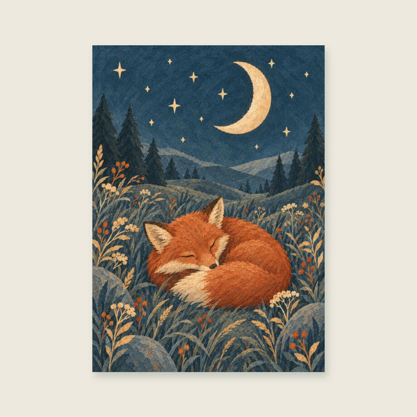 fox curled among soft meadow grasses Art Print