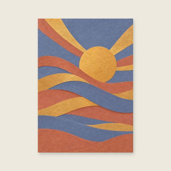 Woven blush and gold bands around an offset sun Art Print