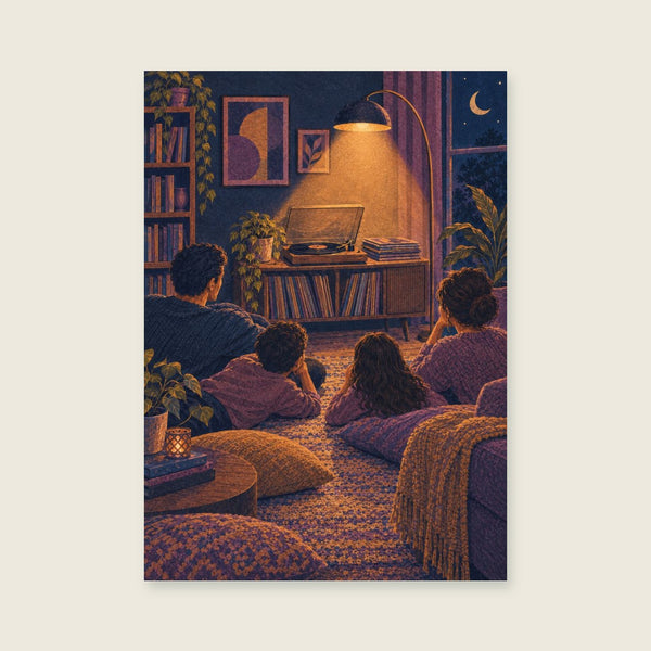 Art print de disques empilés non étiquetés et d'un lampadaire lumineux