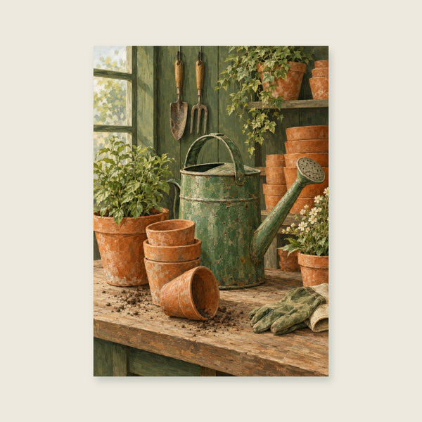 Terracotta pots and a weathered green watering can Art Print