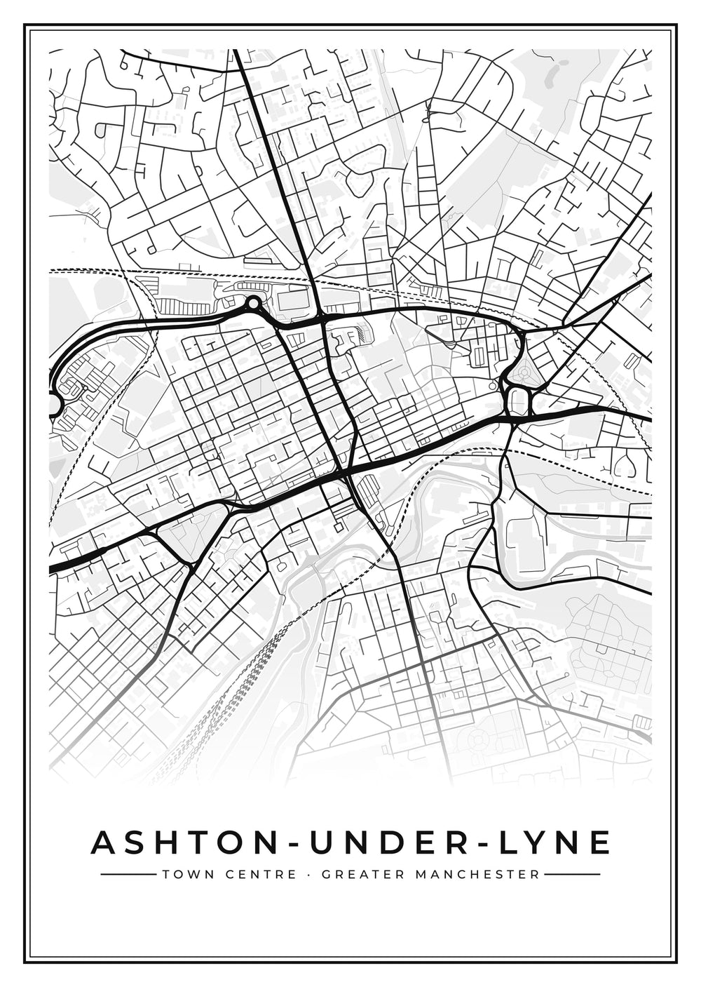 Ashton-under-Lyne Town Centre Street Map Poster