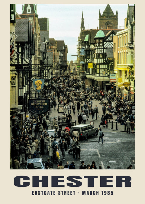 Eastgate Street, Chester, März 1985 Historischer Druck