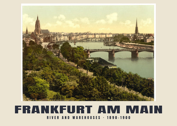 River and Warehouses, Frankfurt am Main — 1890–1900 · Vintage photochrom print