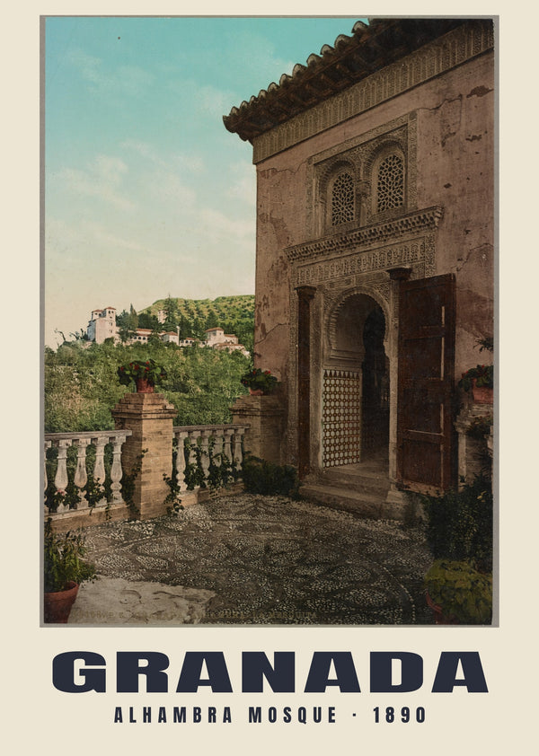 Mezquita de la Alhambra, Granada — 1890 · Lámina de fotocromo antiguo