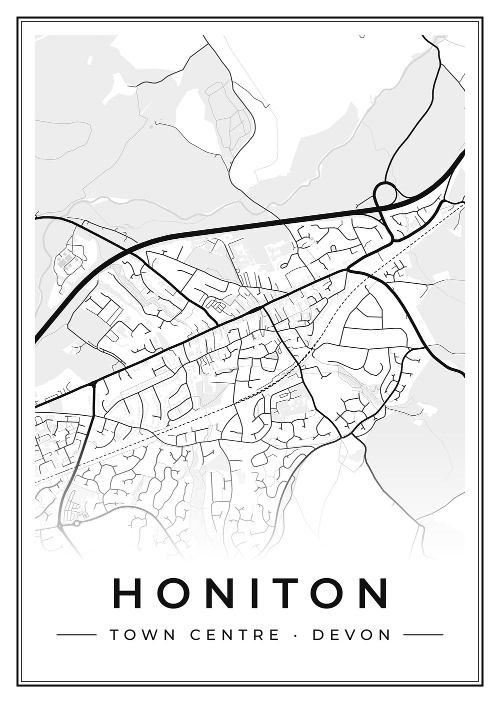 Honiton Town Centre Street Map Poster