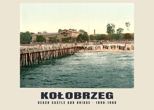 Strandkasteel en brug, Kołobrzeg — 1890–1900 · Historische fotochroomprint