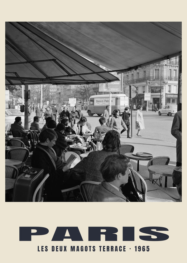 Les Deux Magots terraza, Paris — 1965 · Lámina de fotografía histórica
