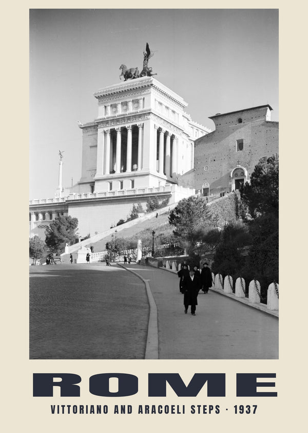 Vittoriano y escalinata del Aracoeli, Roma — 1937 · Lámina de fotografía histórica