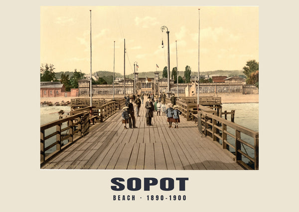 Playa, Sopot — 1890–1900 · Lámina de fotocromo antiguo