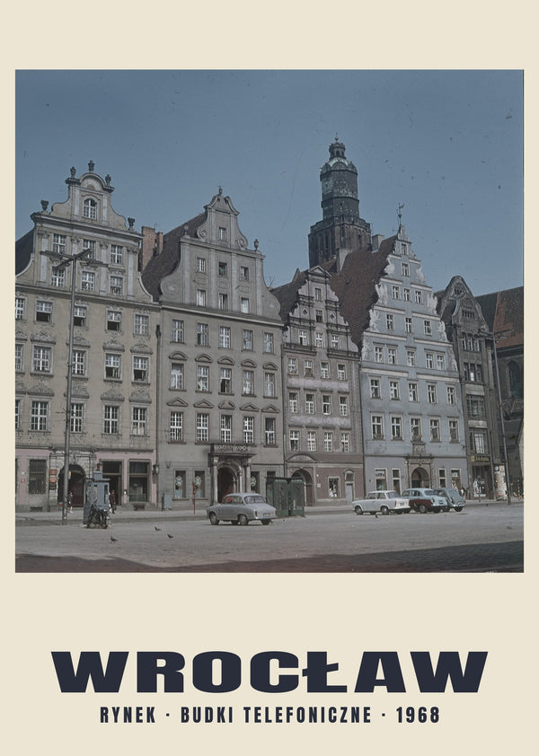 Cabinas telefónicas y coches en el Rynek, Wrocław — 1968 · Lámina de fotografía histórica