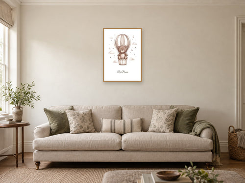 Be Brave — Teddy Sky Adventures Nursery Print at A2, in a natural wood frame, in a sitting room