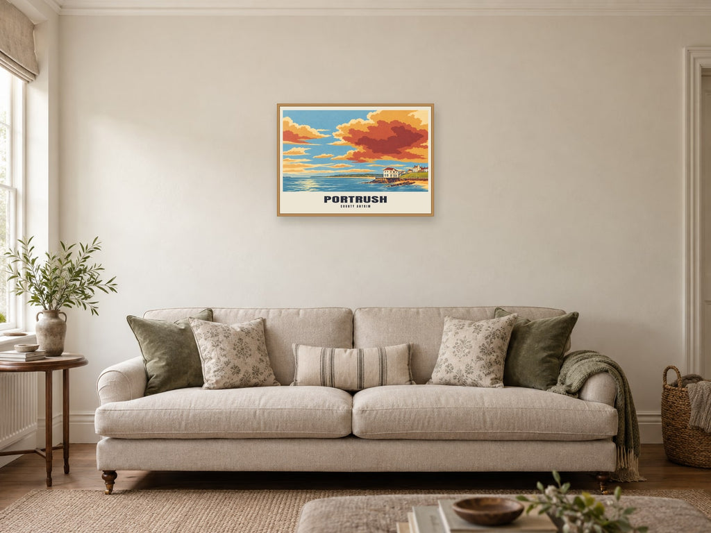 Portrush — Retro Railway Art Print at A2, in a natural wood frame, in a sitting room