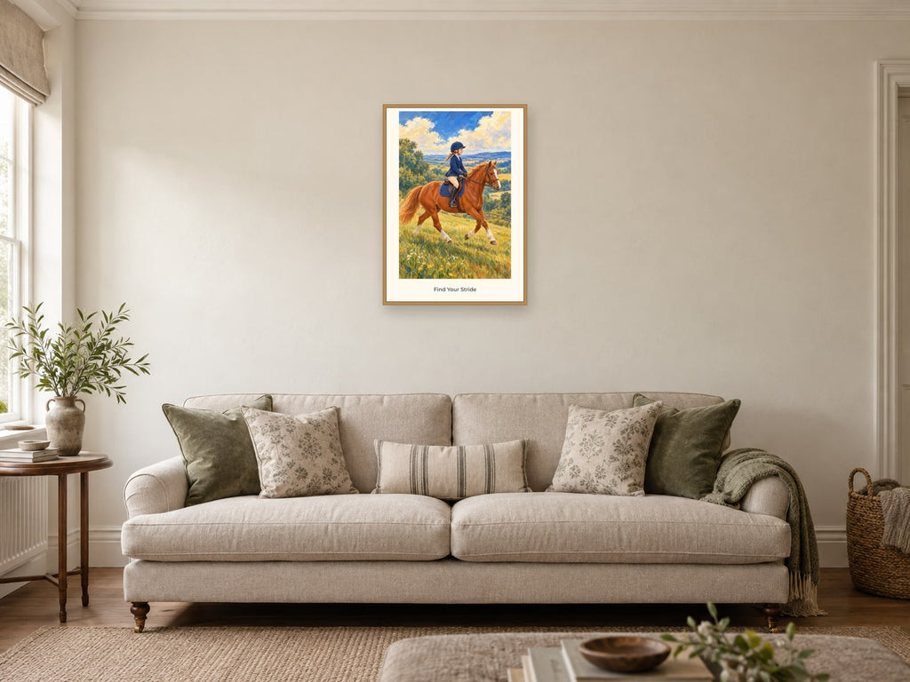 Find Your Stride — Pony Club Children’s Art Print at A2, in a natural wood frame, in a sitting room