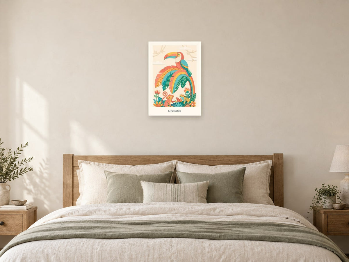 Let’s Explore — Rainbow Rainforest Children’s Art Print at A2, as a poster, above a bed