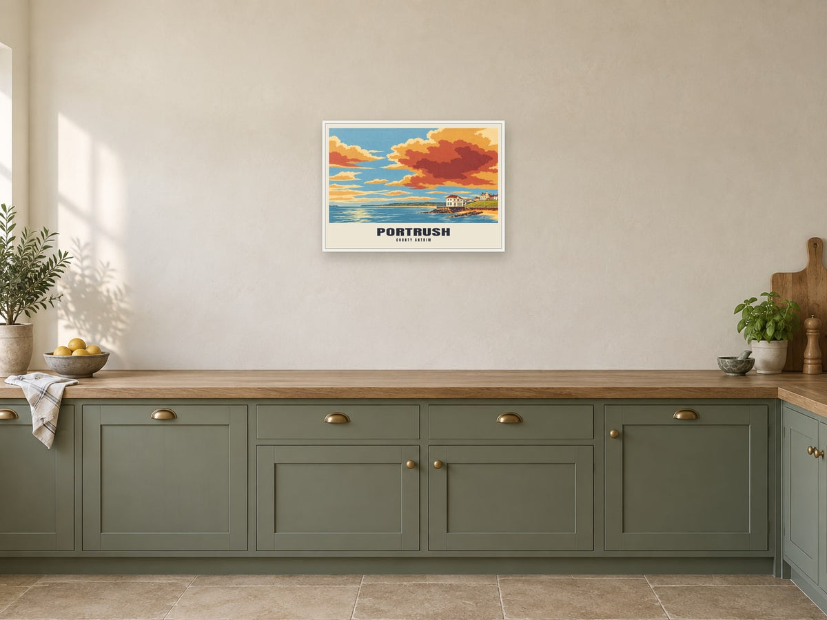 Portrush — Retro Railway Art Print at A2, in a white frame, in a kitchen