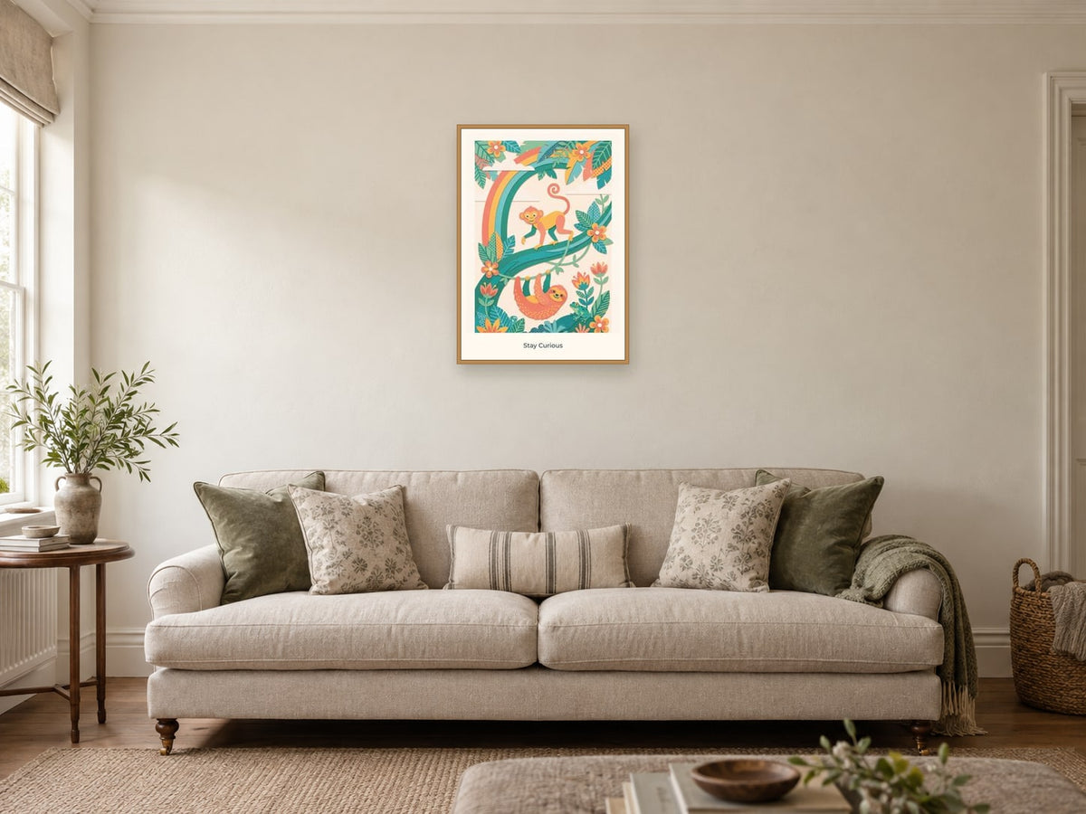 Stay Curious — Rainbow Rainforest Children’s Art Print at A2, in a natural wood frame, in a sitting room