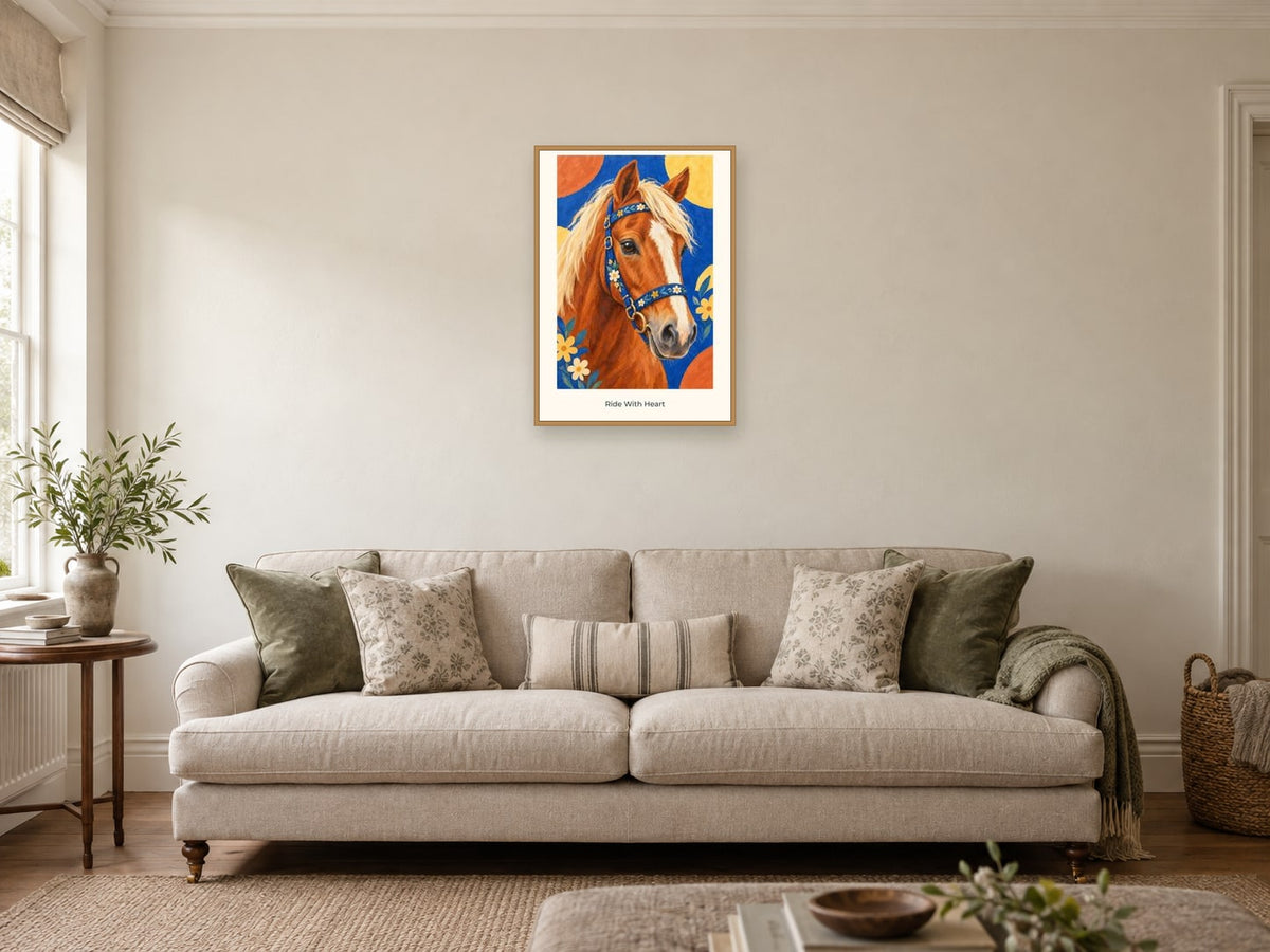 Ride With Heart — Pony Club Children’s Art Print at A2, in a natural wood frame, in a sitting room