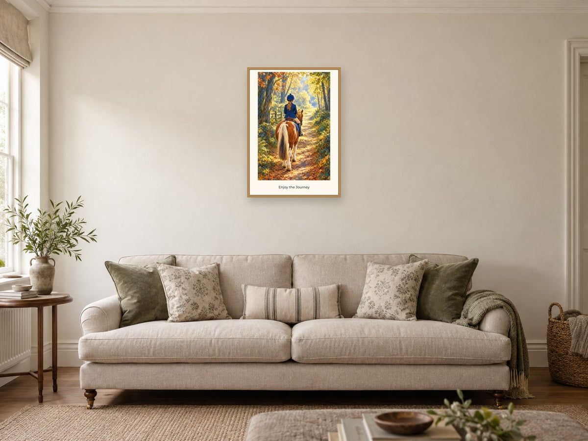 Enjoy the Journey — Pony Club Children’s Art Print at A2, in a natural wood frame, in a sitting room
