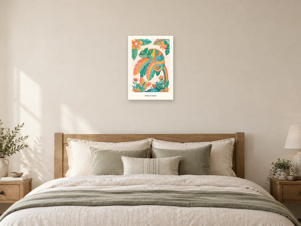 Wild at Heart — Rainbow Rainforest Children’s Art Print at A2, as a poster, above a bed