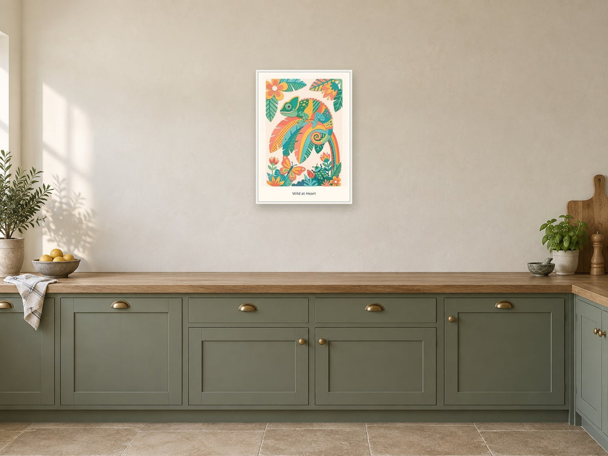 Wild at Heart — Rainbow Rainforest Children’s Art Print at A2, in a white frame, in a kitchen
