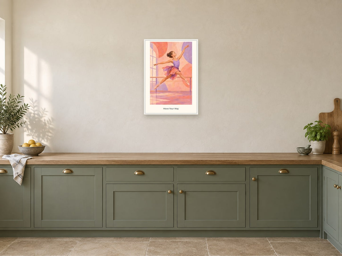 Move Your Way — Dance Studio Children’s Art Print at A2, in a white frame, in a kitchen