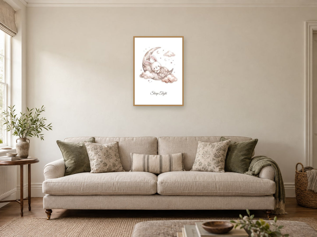 Sleep Tight — Sleepy Bunny Dreams Nursery Print at A2, in a natural wood frame, in a sitting room