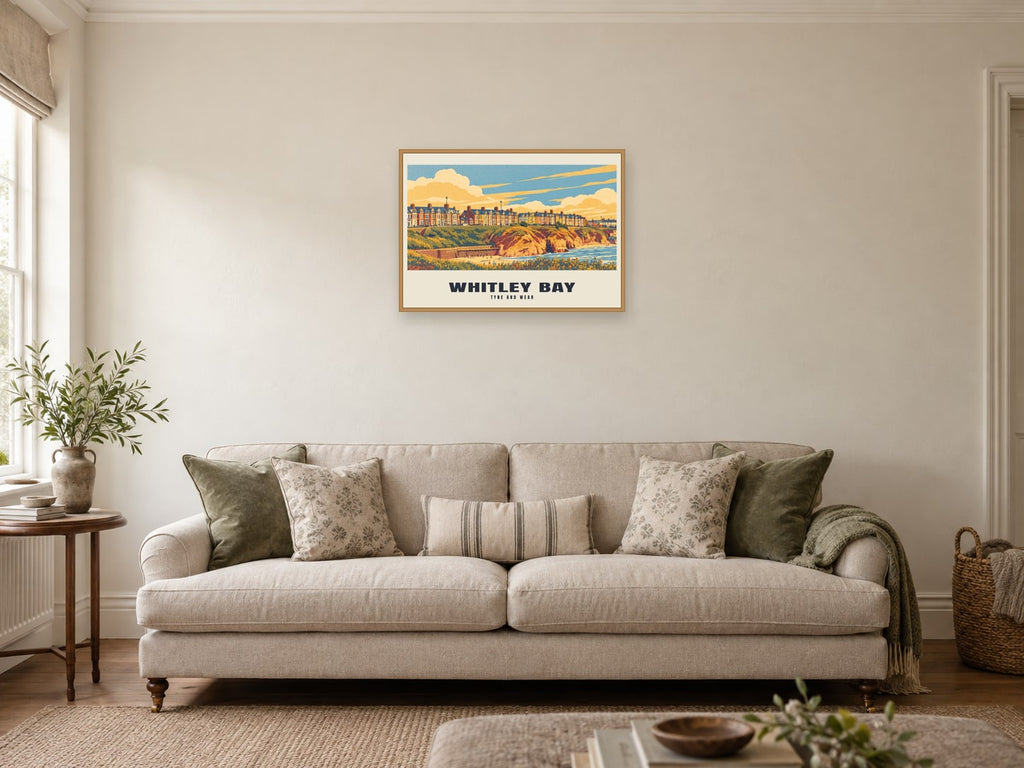 Whitley Bay — Retro Railway Art Print at A2, in a natural wood frame, in a sitting room