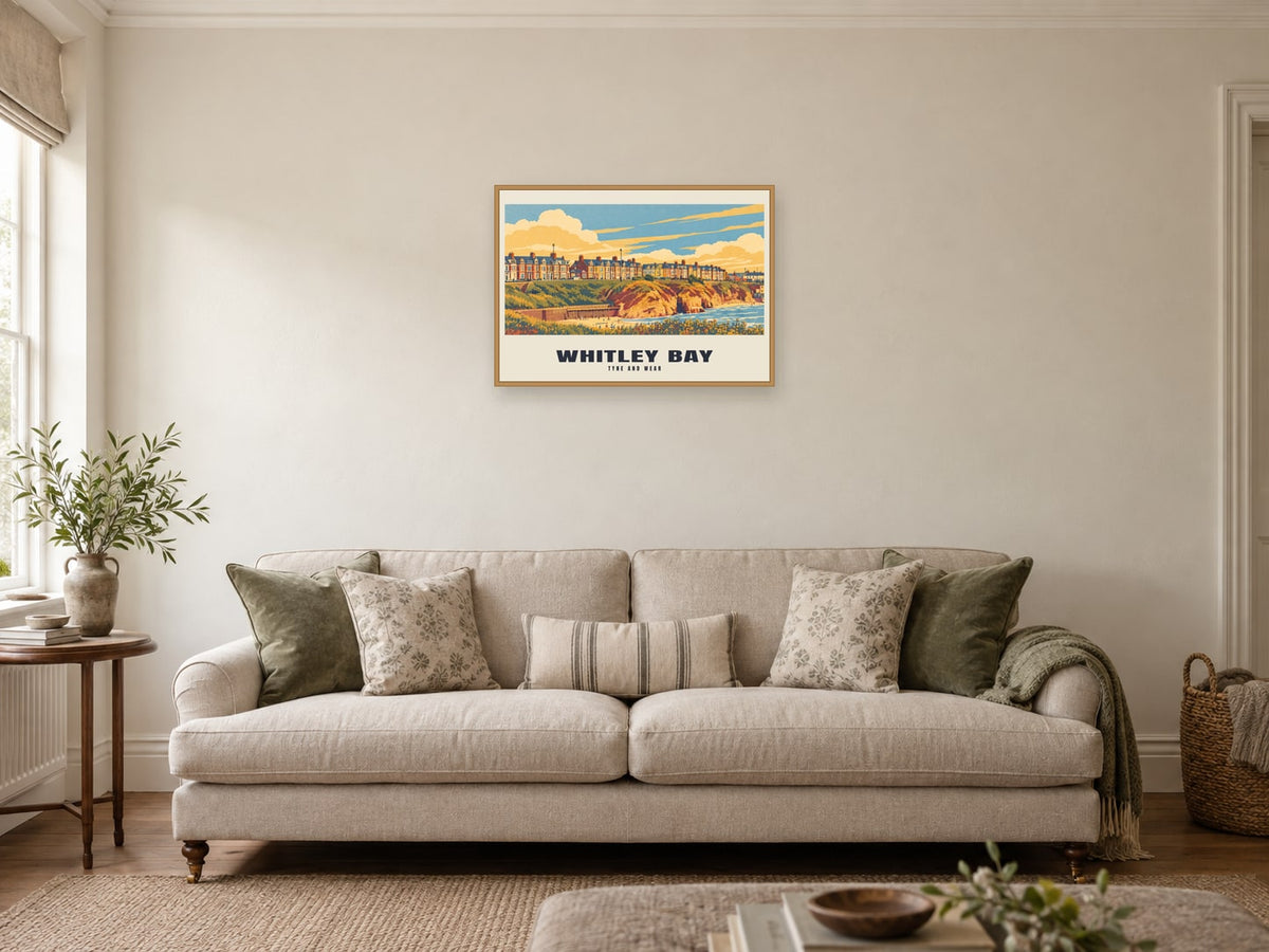 Whitley Bay — Retro Railway Art Print at A2, in a natural wood frame, in a sitting room