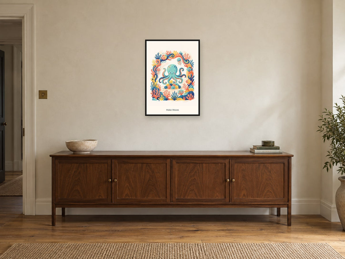 Make Waves — Coral Kingdom Children’s Art Print at A2, in a black frame, above a sideboard