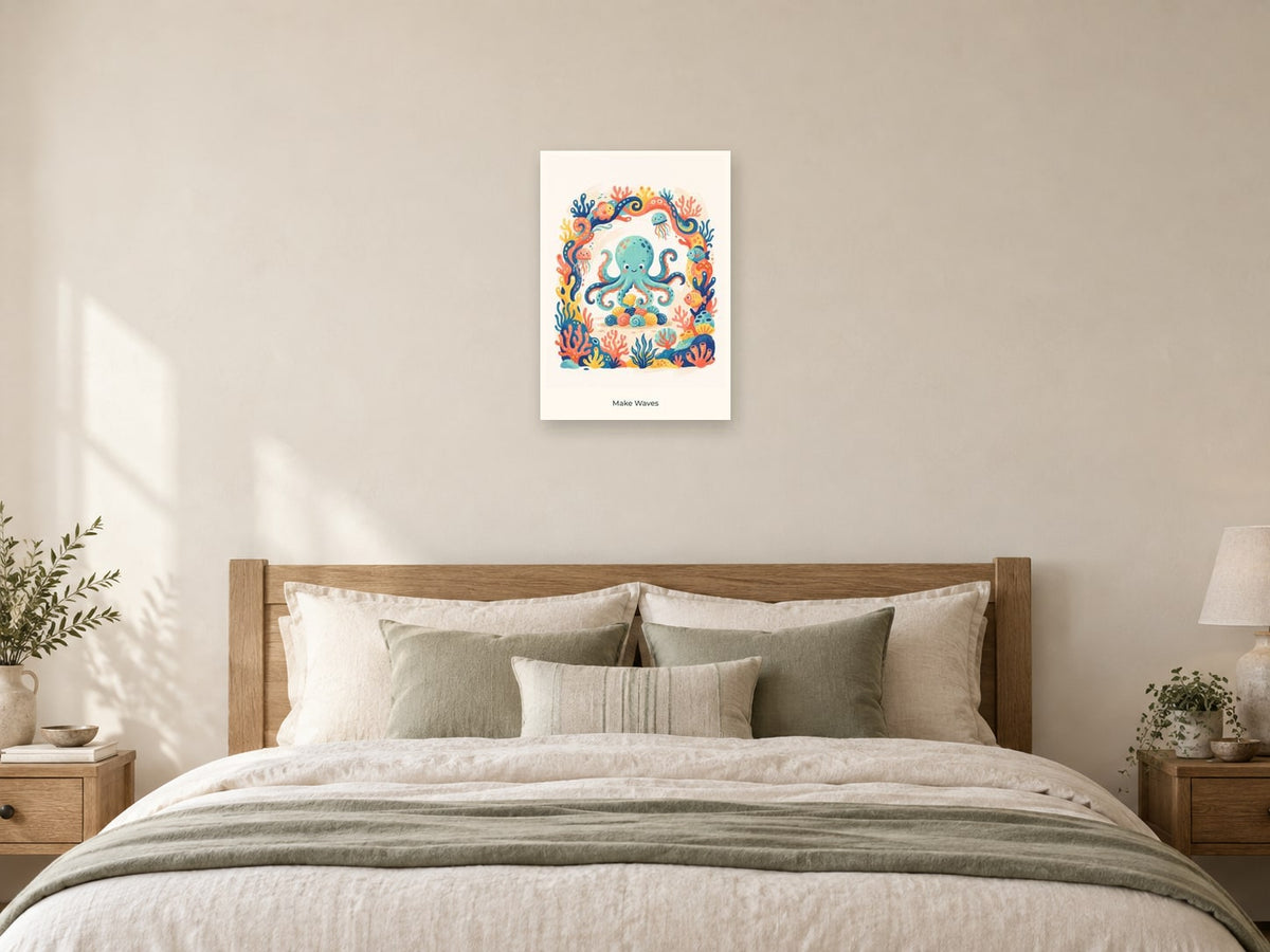 Make Waves — Coral Kingdom Children’s Art Print at A2, as a poster, above a bed