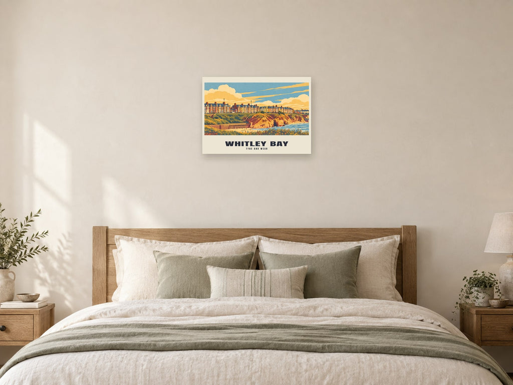 Whitley Bay — Retro Railway Art Print at A2, as a poster, above a bed