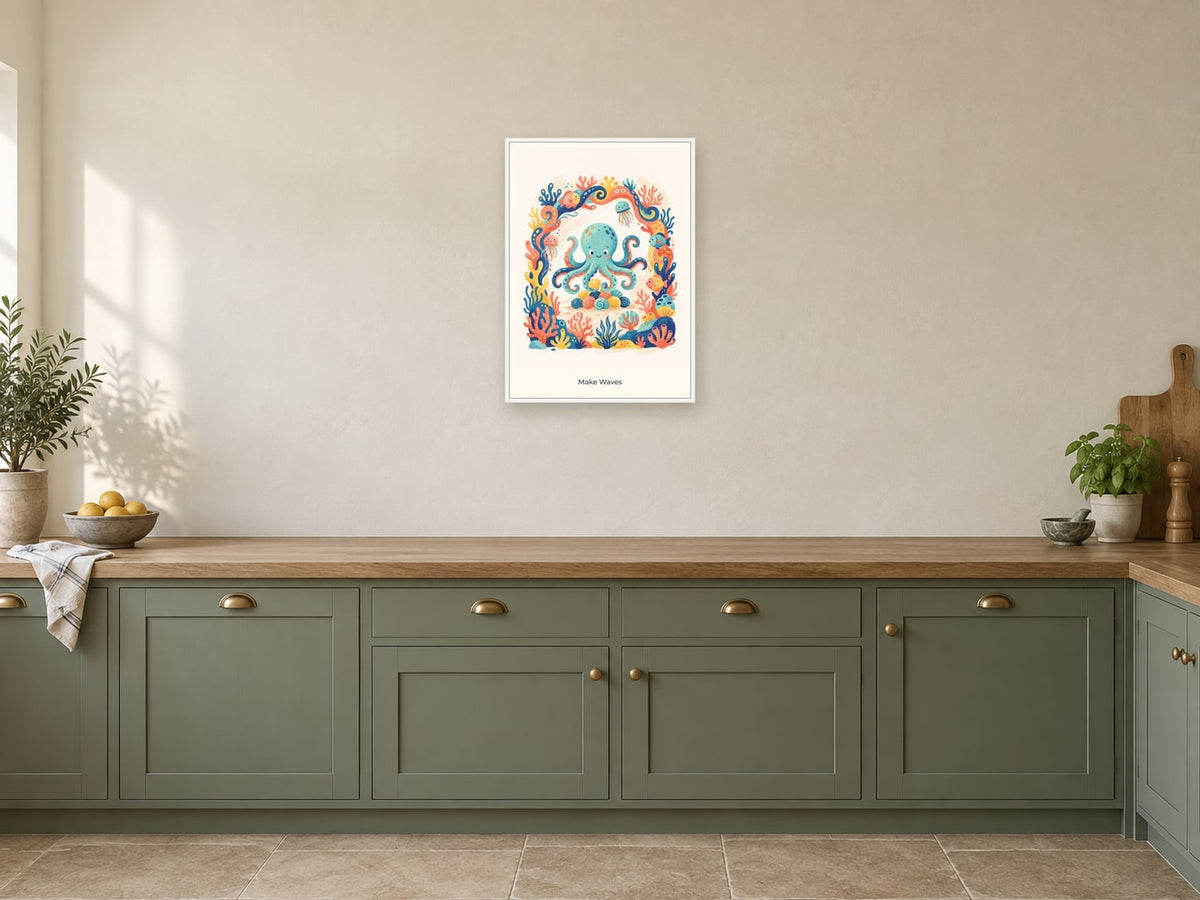 Make Waves — Coral Kingdom Children’s Art Print at A2, in a white frame, in a kitchen