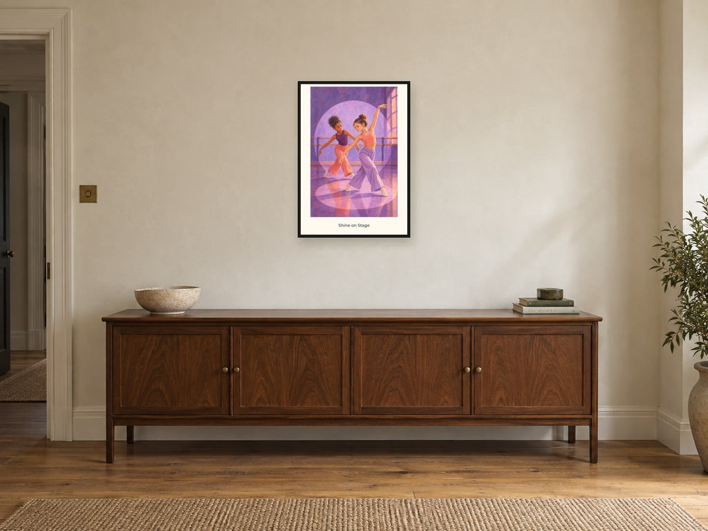 Shine on Stage — Dance Studio Children’s Art Print at A2, in a black frame, above a sideboard