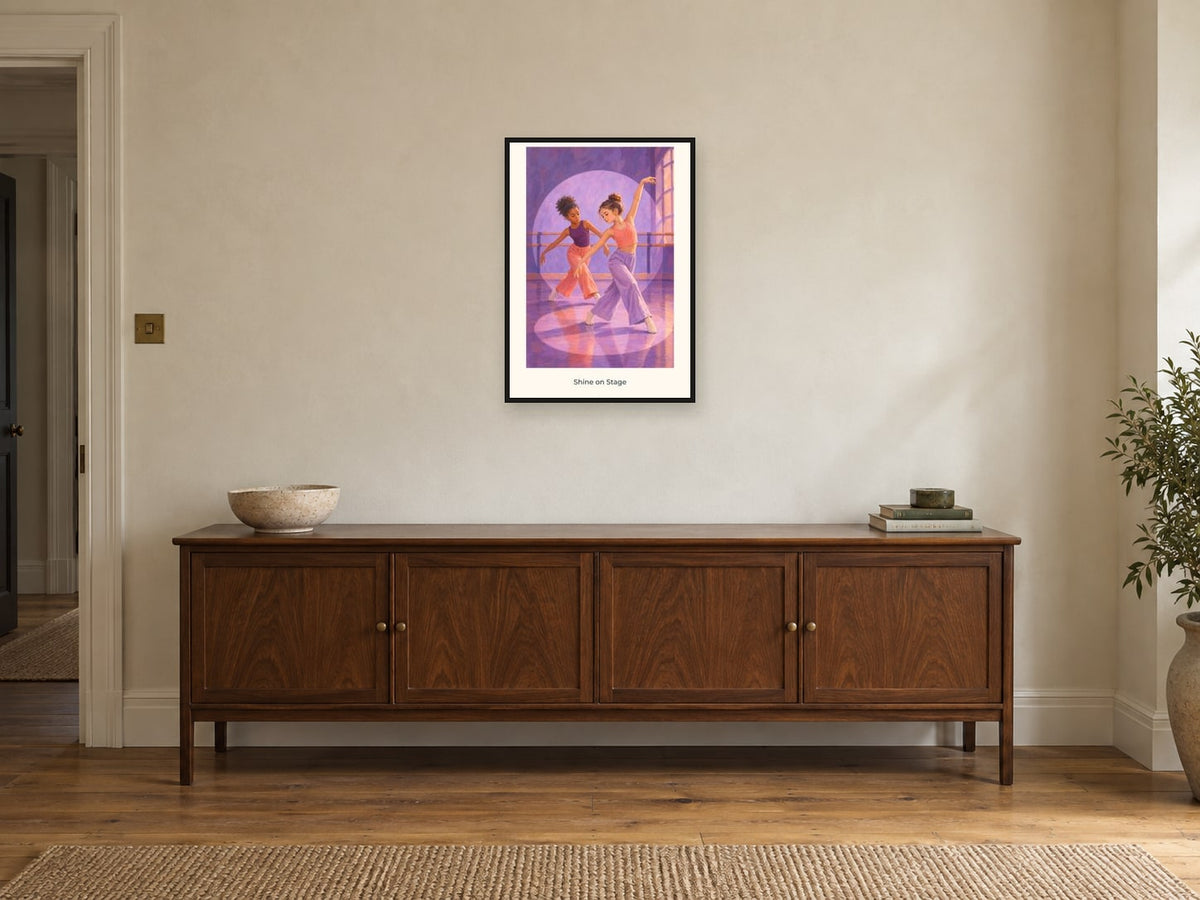 Shine on Stage — Dance Studio Children’s Art Print at A2, in a black frame, above a sideboard
